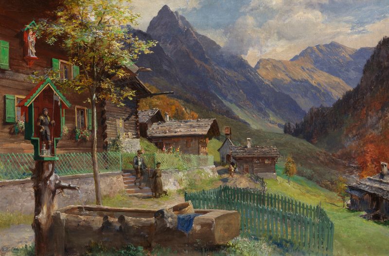 Paisaje con fuente y vista de Höfats por Edward Theodore Compton, pintura al óleo