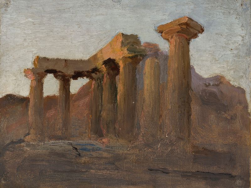 Templo de Apolo en Corinto al amanecer, óleo sobre lienzo de Jan Ciągliński