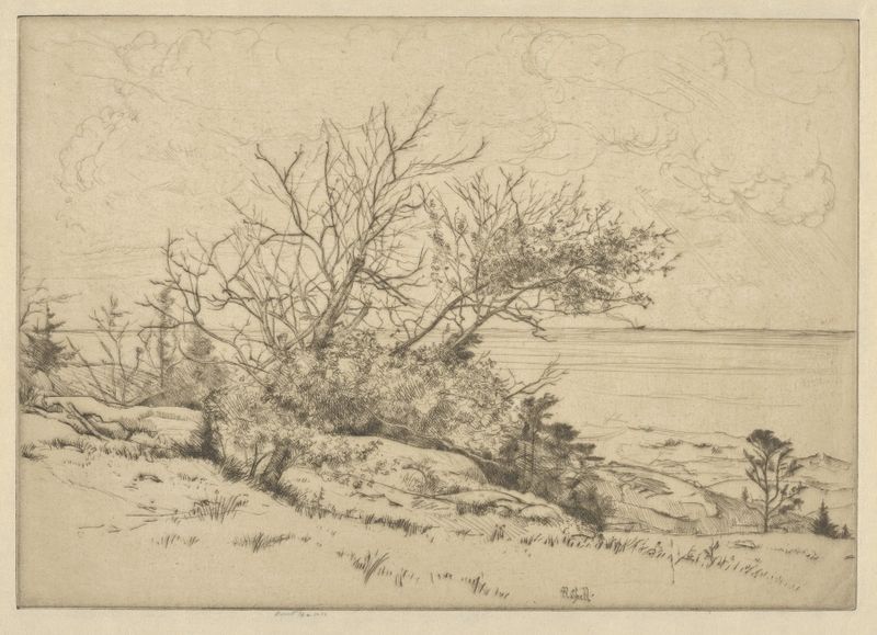 Watercolour by Ernest Haskell depicting a rugged coastline and gentle waves.