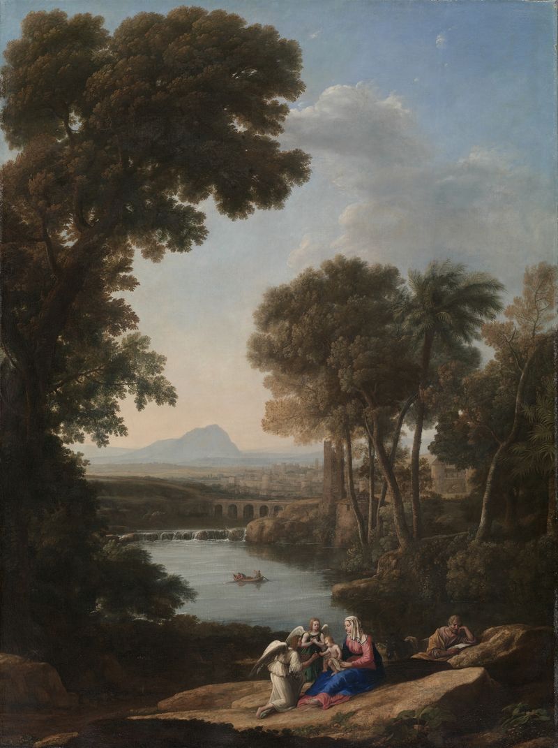 Rest on the Flight into Egypt de Claude Lorrain, pintura a óleo que retrata Maria e José ao crepúsculo.