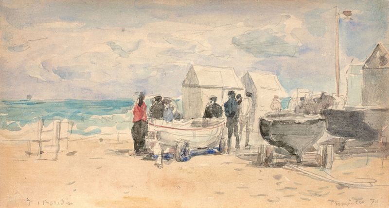 Óleo sobre tela de Eugène Boudin mostrando barcos em uma praia com água e nuvens.