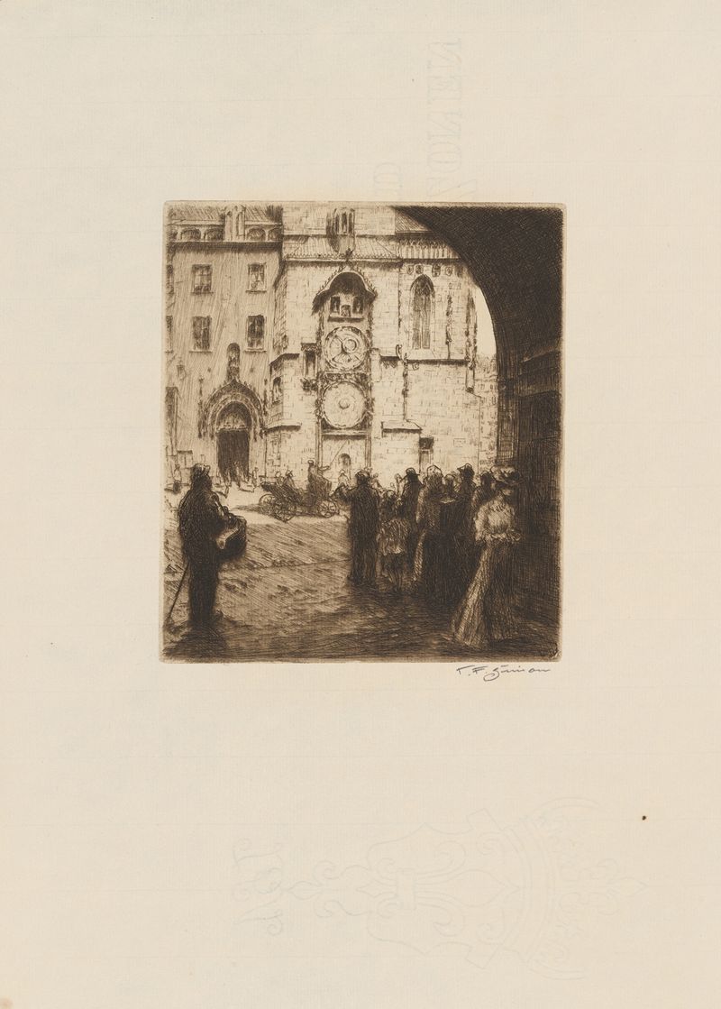 Óleo sobre tela de Tavík František Šimon retratando o Horologe da Cidade Velha sob a luz do sol