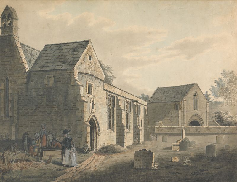 Figurative scene with figures among gravestones, oil painting by John Roe of Warwick