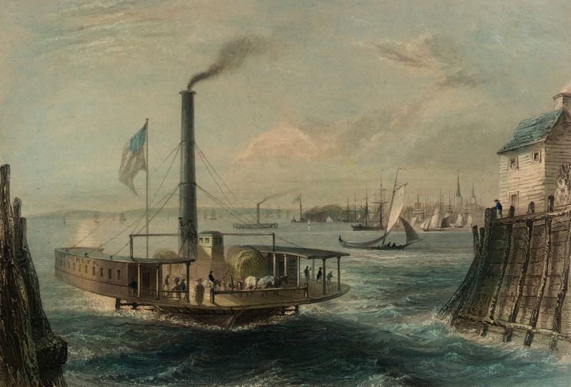 The Ferry at Brooklyn, New York, óleo sobre lienzo de Unknown Artist, con una figura solitaria en un muelle al atardecer.