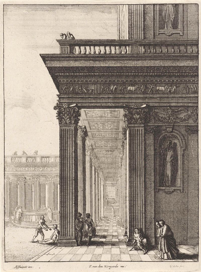 Grabado de Wenceslaus Hollar que muestra a Pedro y Juan sanando a un hombre paralizado.