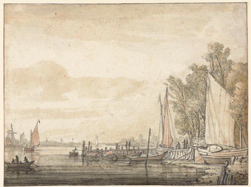 Boten bij een steiger in een rivier by Aelbert Cuyp, oil on canvas depicting boats at a river pier