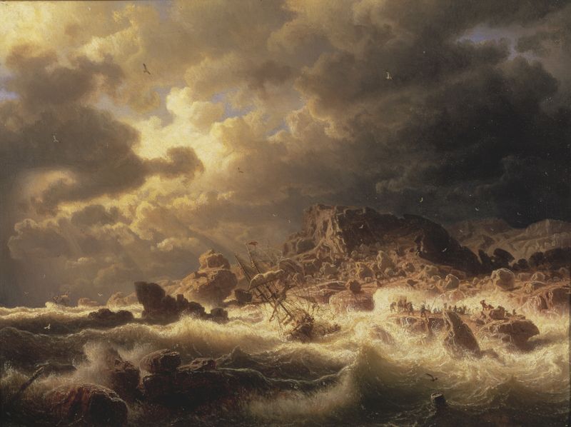 Gale on the Bohuslän Coast, oil painting by Marcus Larson depicting a stormy seascape.