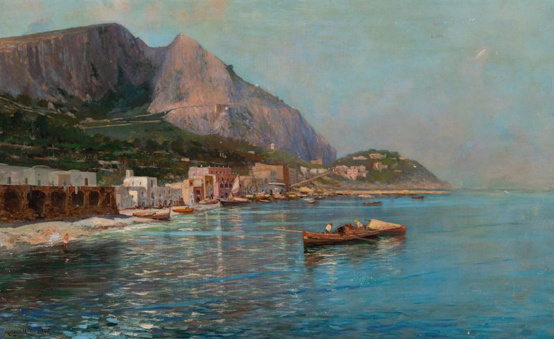 Oil painting by Holger Hvitfeldt Jerichau depicting a tranquil marina and hills.