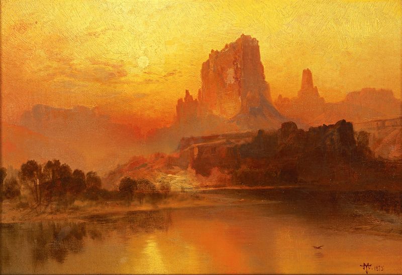 Paisagem ao pôr do sol com luz dourada de Thomas Moran, pintura a óleo de 1875