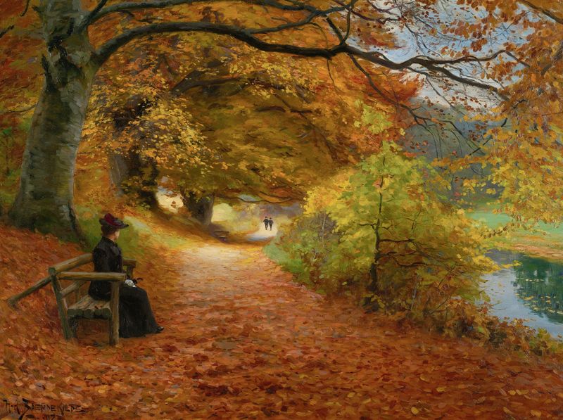 Wooded Path In Autumn by Hans Andersen Brendekilde, oil painting depicting a vibrant autumn landscape.