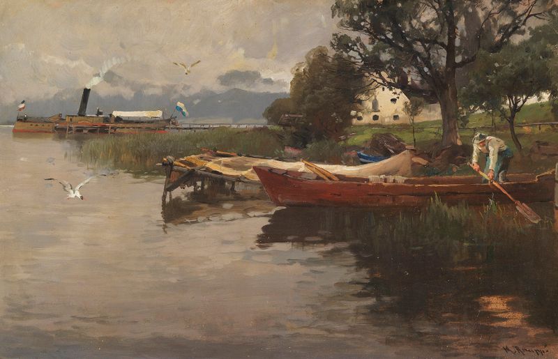Idylle am Chiemsee by Karl Raupp, oil on canvas depicting a tranquil lake and pastel sky