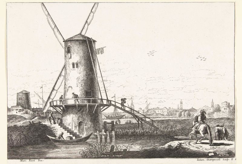 Landschap met molen aan water, etching by Giuliano Giampiccoli depicting a tranquil landscape with a mill.