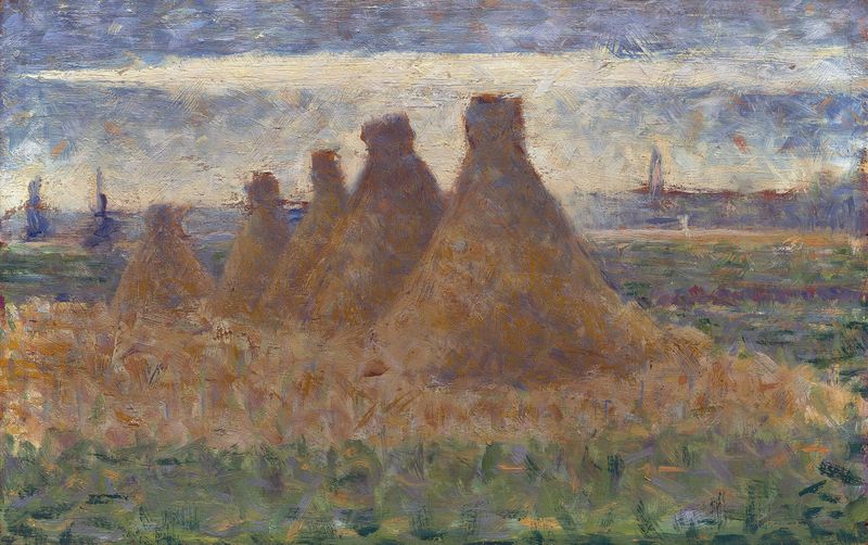 Haystacks de Georges Seurat, pintura a óleo que retrata vibrantes montes de feno sob um céu colorido.