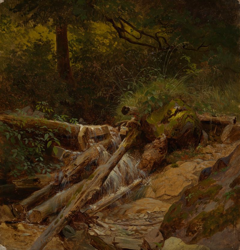 Impressionist oil painting by Gustav Osterroht depicting a tranquil forest brook.