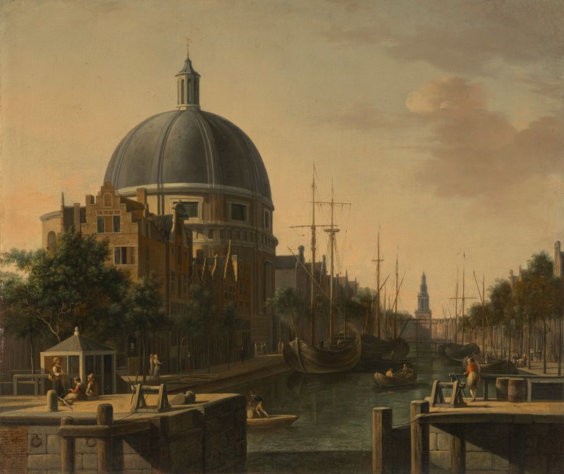 Landscape of Amsterdam by Gerrit Adriaensz. Berckheyde, depicting a canal and churches, oil painting