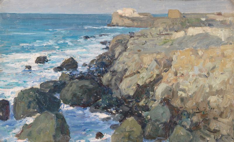 Escena marina de Alfred Zoff, pintura al óleo que representa una costa tranquila con tonos azules.