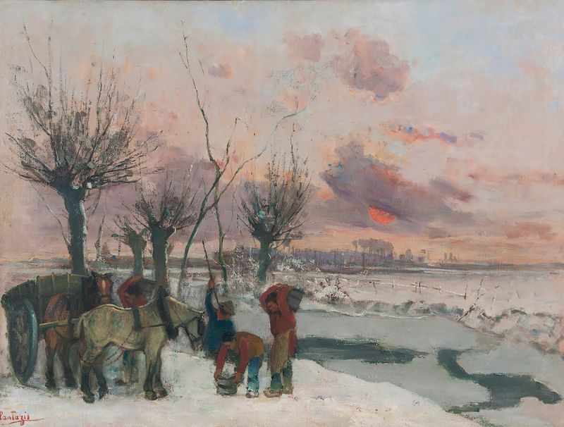 Les Briseurs De Glace by Pericles Pantazis, oil on canvas depicting an icebreaker in a tense marine landscape