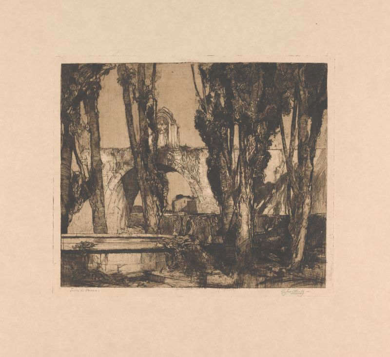 Jardim em Verona por Adriaan J. van 't Hoff, óleo sobre tela que retrata um jardim com figuras.