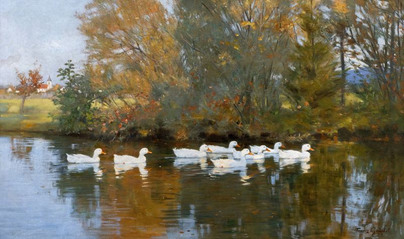 Landscape with ducks on a pond, oil painting by Franz Xaver Gräßel