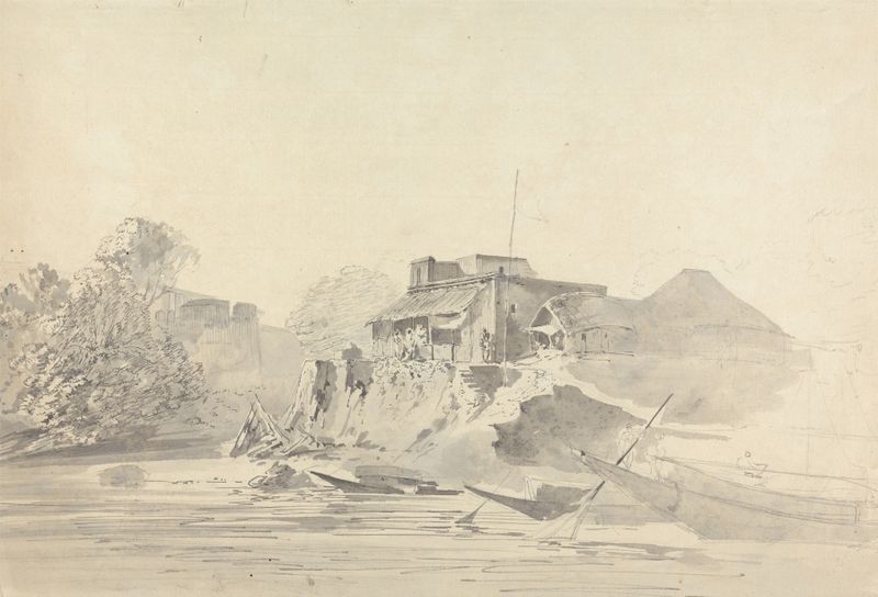 Escena de río con edificios nativos, pintura al óleo de Samuel Davis