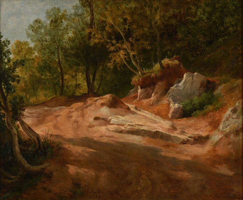 Rochers en forêt de Jacques-Raymond Brascassat, pintura al óleo que representa rocas y follaje en un bosque.