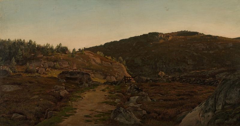 Paisagem marinha de Amaldus Nielsen, óleo sobre tela, com azuis e verdes vibrantes.
