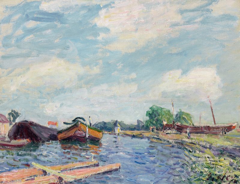 Canal du Loing à Saint-Mammès de Alfred Sisley, óleo sobre tela mostrando águas tranquilas e árvores.