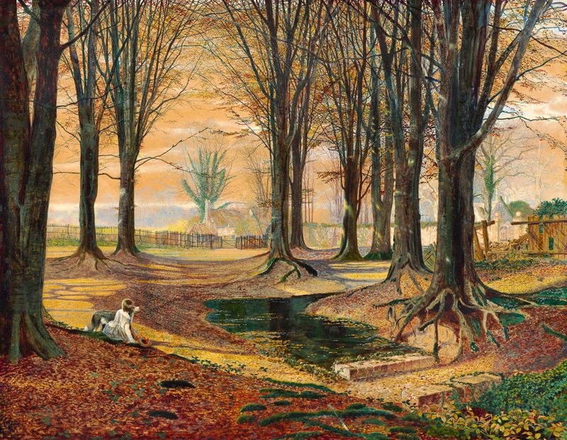 Beechwood de John Atkinson Grimshaw, óleo sobre tela que retrata um caminho florestal sereno com luz suave