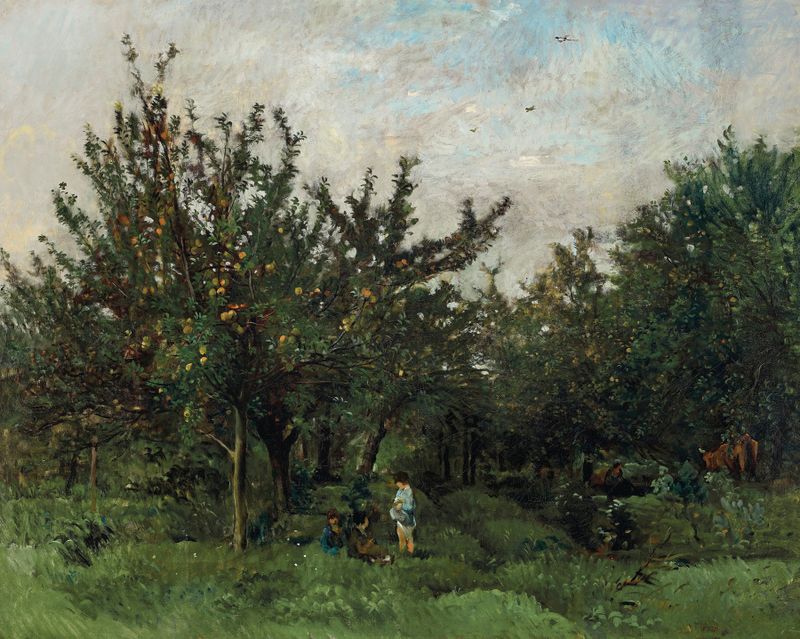 Pintura a óleo de um pomar com vegetação exuberante de Charles François Daubigny
