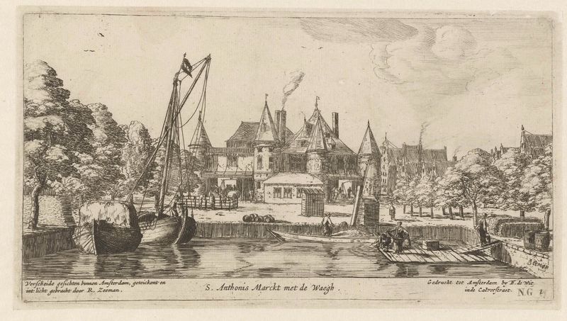 Grabado de Reinier Nooms que muestra una escena de mercado con el Waag.