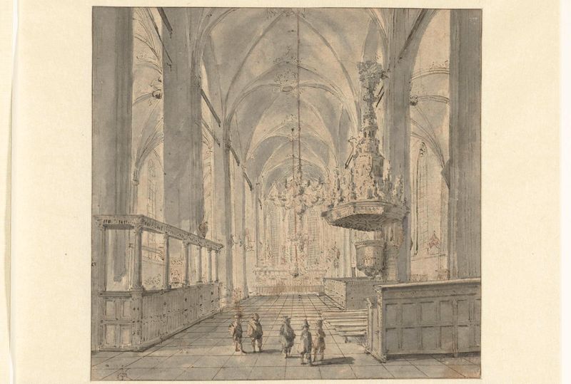 Interior de uma igreja com arcos e vitrais, óleo sobre tela de Jan Gerritsz van Cuylenburg