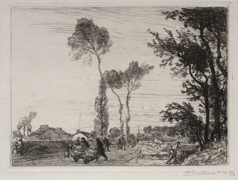 Gravura de Auguste Louis Lepère mostrando aldeões voltando do mercado em ruas de paralelepípedos