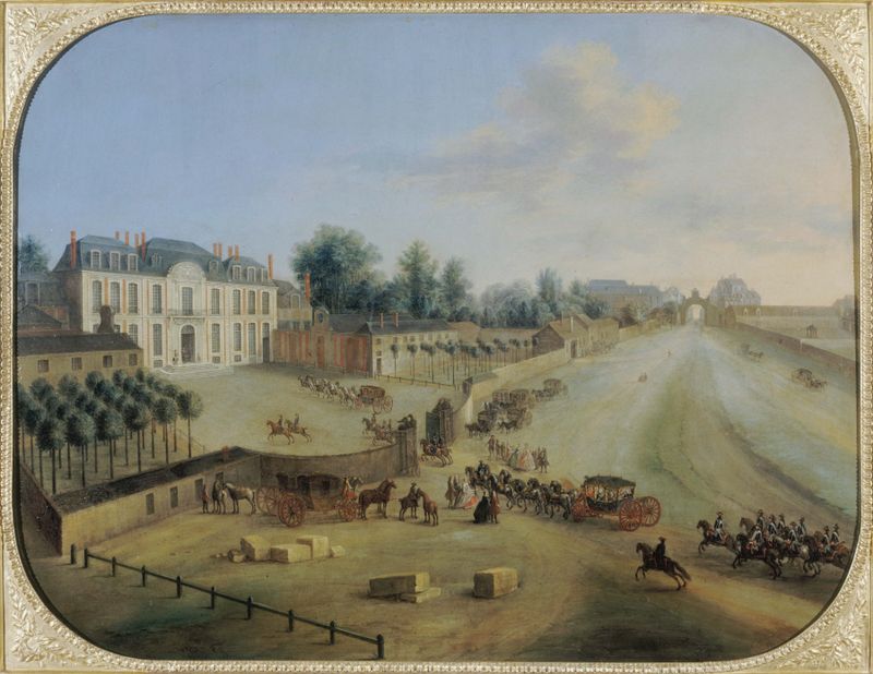 Vue du Château de la Muette avec l’arrivée du Roi, oil on canvas by Charles-Léopold Grevenbroeck