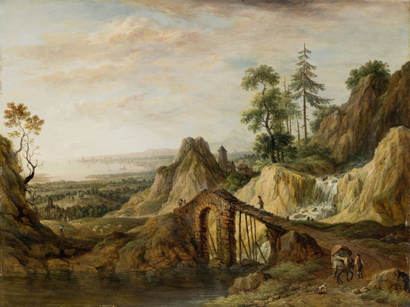 Landscape with a Bridge, oil on canvas by Christian Georg Schütz the elder depicting a river and bridge.