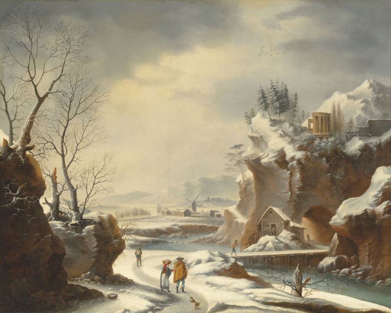 A snowy landscape with travellers by a river, oil painting by Francesco Foschi