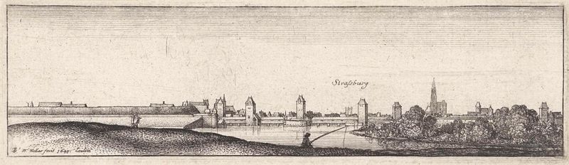 Rivierlandschap met gezicht op Straatsburg, grabado de Wenceslaus Hollar que representa un paisaje de río sereno.