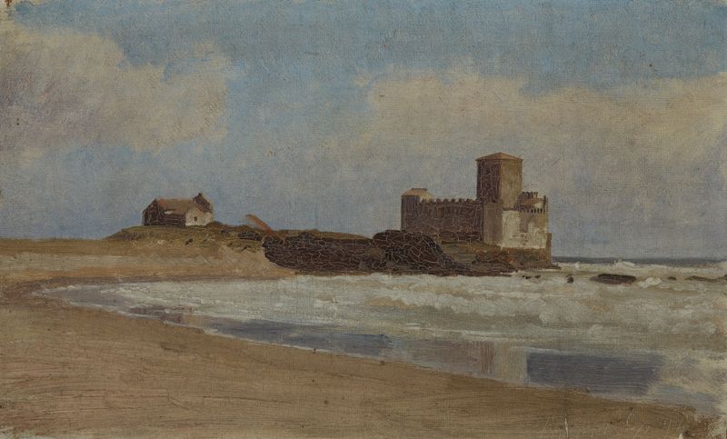 Seascape oil painting by Wilhelm Ludwig Friedrich Riefstahl depicting waves and a pastel sky.