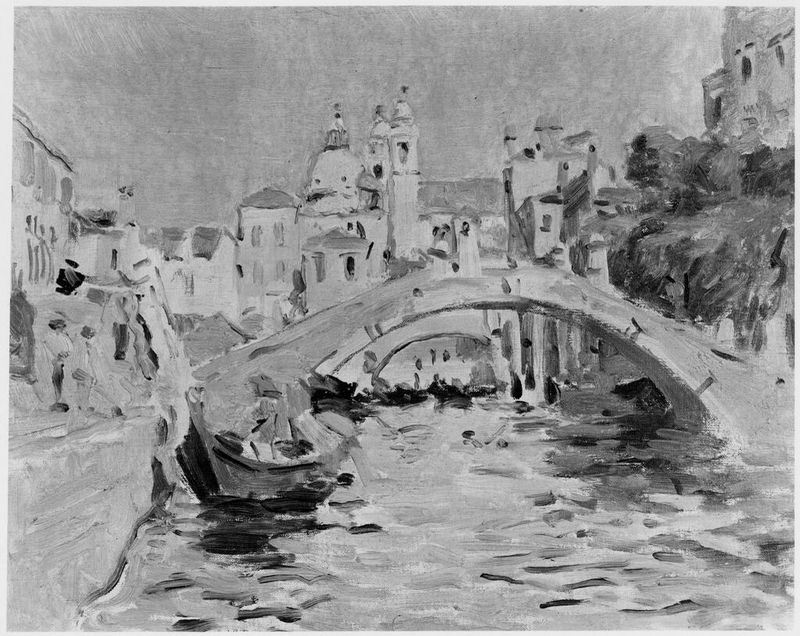 Pintura a óleo de Denman Waldo Ross mostrando um canal tranquilo e pontes
