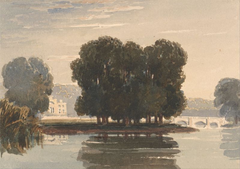 Richmond Bridge de David Cox, óleo sobre lienzo que muestra un río tranquilo y un puente bajo luz dorada.