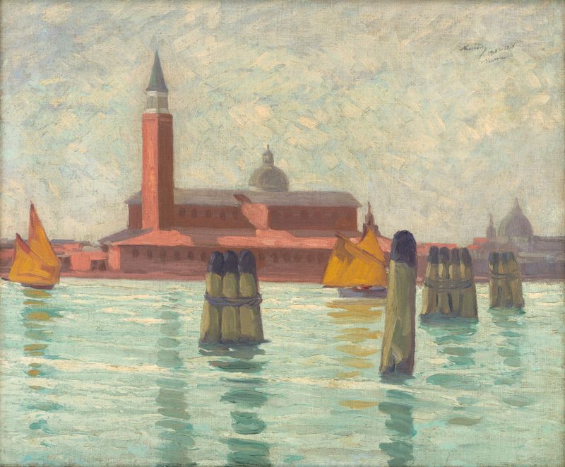Impressionist landscape of Venice by Andrej Kováčik, featuring water reflections in blues and greens.