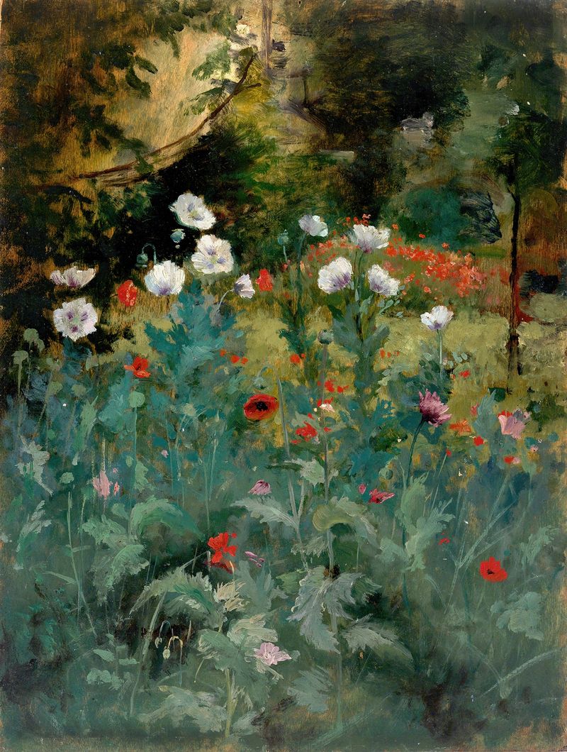 Poppies by Eliphalet Fraser Andrews, oil painting depicting vibrant red flowers.