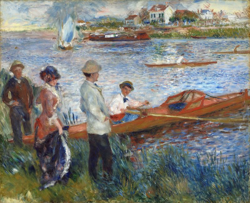 Oarsmen at Chatou de Pierre-Auguste Renoir, óleo sobre lienzo que muestra remeros en un río