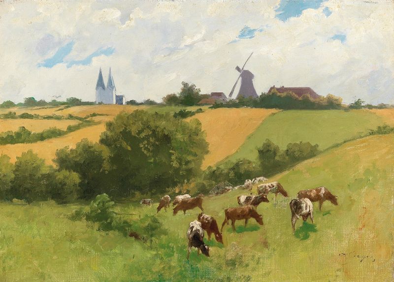 Rebaño de animales en un paisaje de verano, óleo sobre lienzo de Hermann Seeger