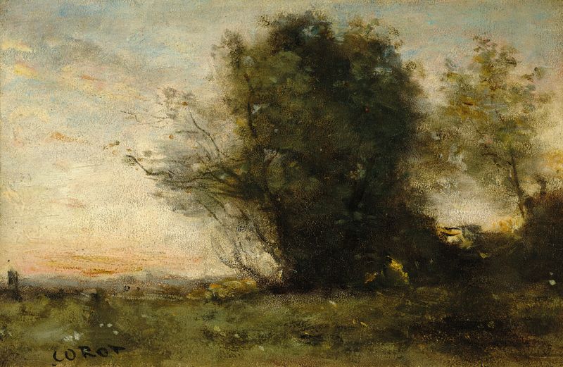 Paisagem com crepúsculo sobre um riacho de Jean-Baptiste-Camille Corot, pintura a óleo