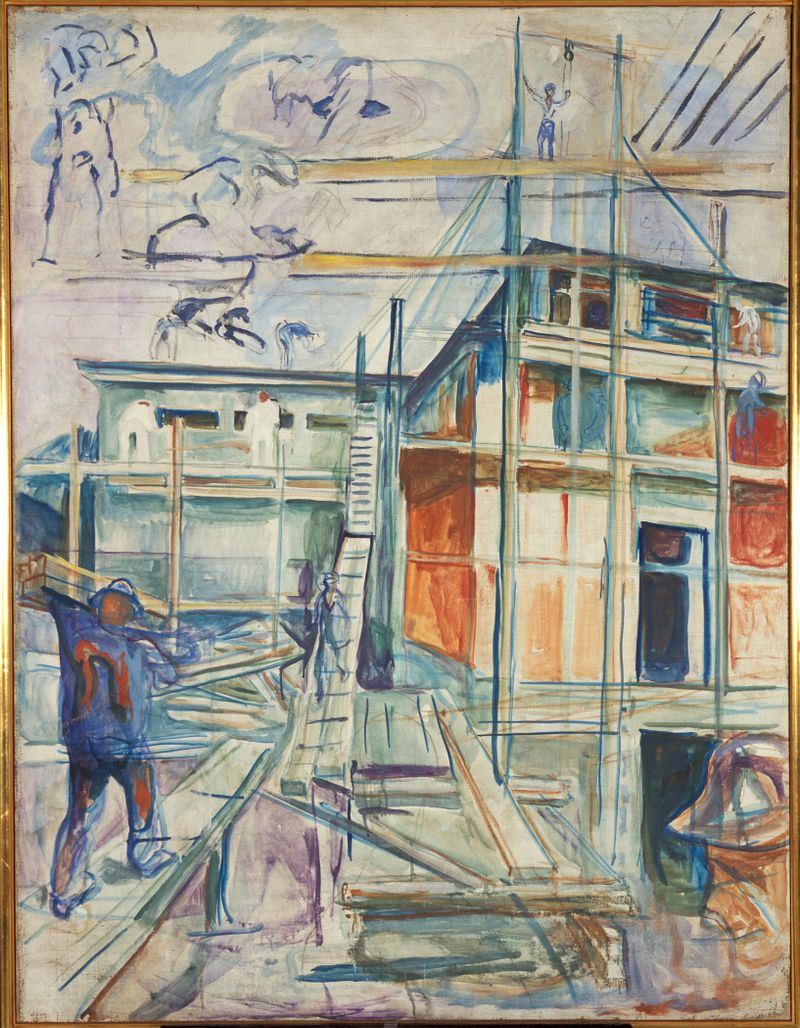 The Building Of The Winter Studio by Edvard Munch, oil on canvas, features a dark silhouette against a muted sky.