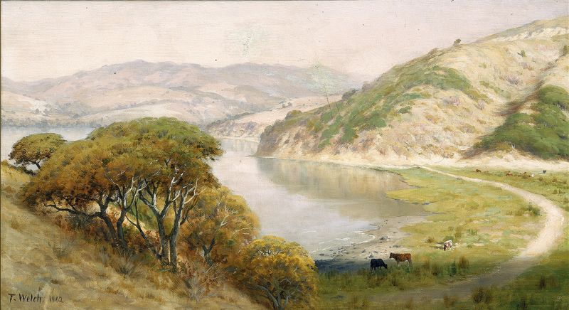 Paisaje de Thaddeus Welch, óleo sobre lienzo que muestra colinas suaves y vegetación
