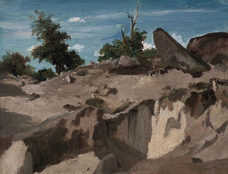 Pintura a óleo de Jean-Baptiste-Camille Corot retratando uma paisagem serena com colinas e floresta.
