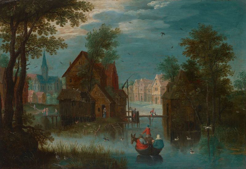 A river landscape with a ferry boat by Marten Ryckaert, oil on canvas