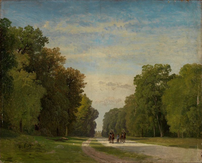 Allee bei Fontainebleau de Georg Eduard Otto Saal, óleo sobre lienzo que representa un sereno camino en el bosque.