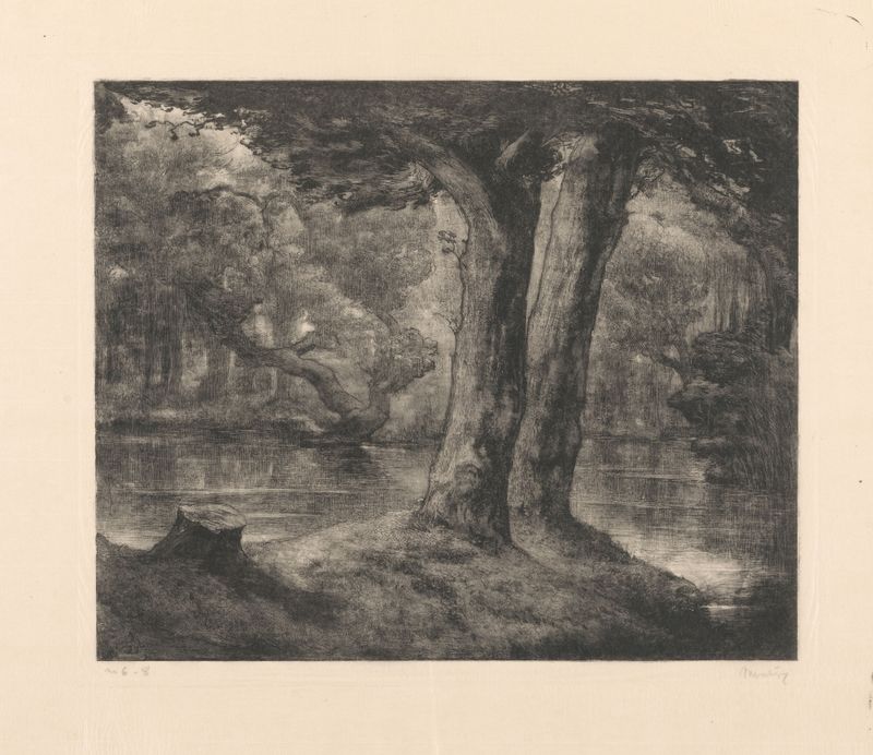 Pintura al óleo de Simon Moulijn que muestra un sereno paisaje forestal con agua.